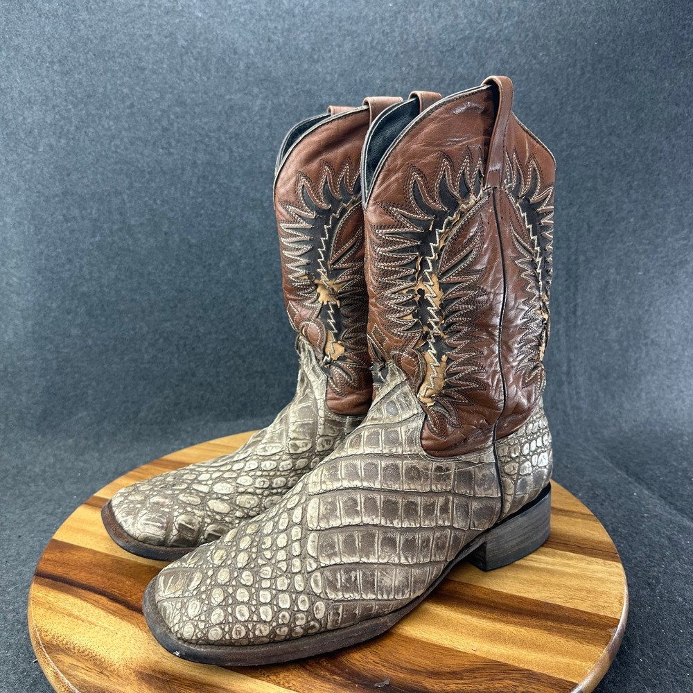 Quincy Boots Mens 12 Brown Gray Caiman Embossed Leather Western Cowboy Boots - Picture 7 of 16